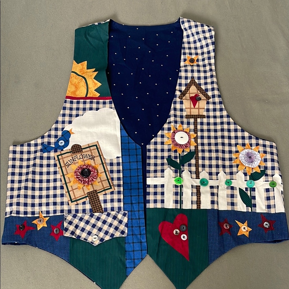 Colorful Patchwork Reversible Vest with Sunflower… - image 1
